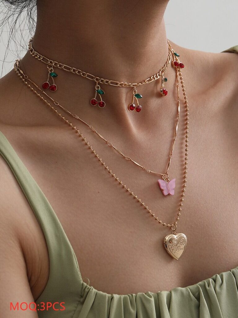 Cherry Butterfly Heart Pendant Multilayer Necklace