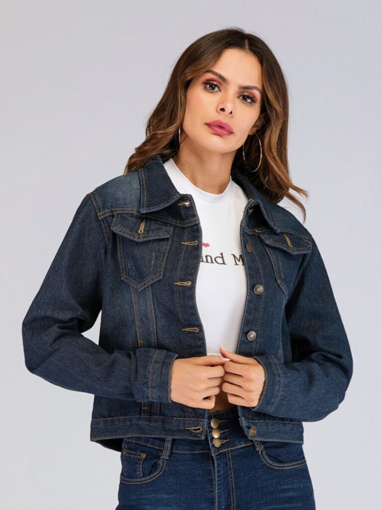  Lapel Collar Single-breasted Denim Jacket