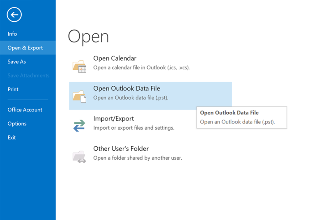 Open Outlook Data File in Outlook