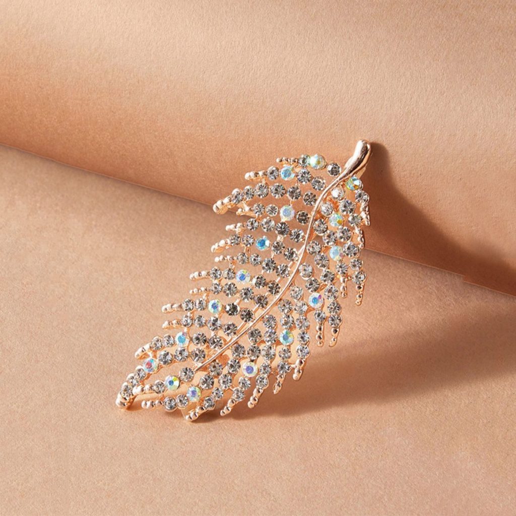 Diamond Feather Shaped Pearl Decor Brooch